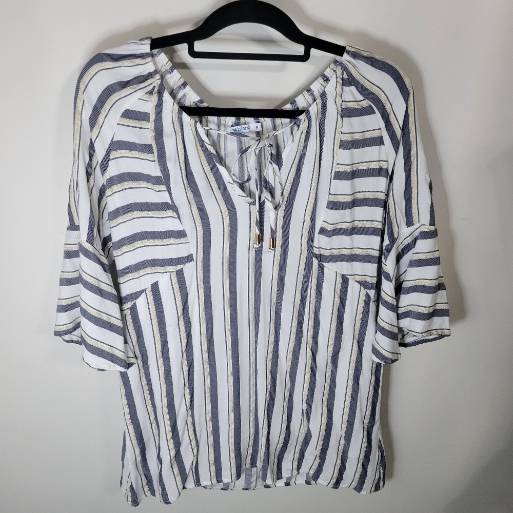 Blue Island Blue & Gold Striped Bell Sleeve Coverup w/ Pockets, Size M